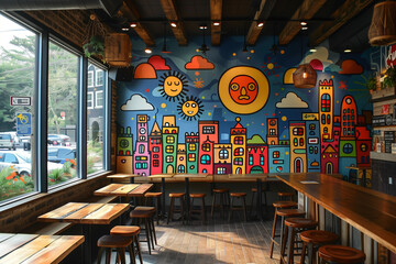 Vibrant mural depicting a bustling cityscape with whimsical characters, overlooking wooden tables...