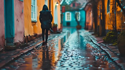 Alleyway Ambiance: A Lone Figure Strolls Through an Urban Alley, Immersed in the Echoes of the Cityscape - obrazy, fototapety, plakaty