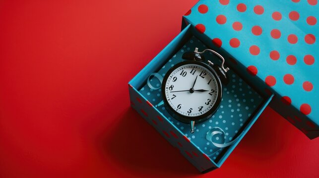 A open gift box blue polka dotted seamless with alarm clock on red background. AI generated image
