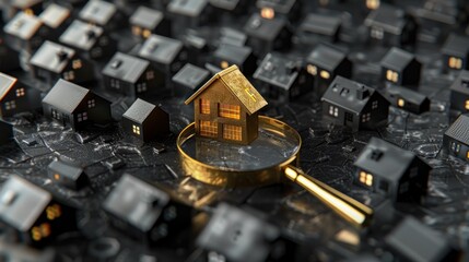 3d illustration one golden house around many black houses search by magnifying glass. AI generated