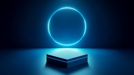 empty blue podium floating in mid-air, surrounded by a luminous blue neon ring