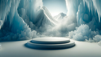 empty podium set against an ice background,ssence of a cold winter landscape.