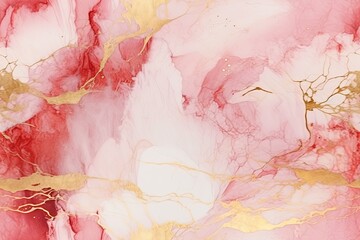 An abstract artistic display combines the fluidity of alcohol ink in hues of pink and white, with luxurious golden veins throughout