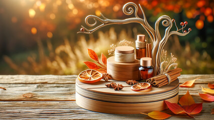 wood pedestal blank podium, autumn accents for a cosmetic product presentation