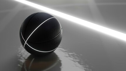 3d render a black basketball on basketball court floor with bright glowing white line. AI generated - obrazy, fototapety, plakaty
