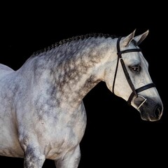 

Elegant horse portrait on black backround. horse head isolated on black.
Portrait of stunning beautiful horse isolated on dark background.
 horse portrait close up on black background.studio shot .