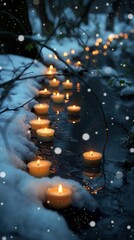 A row of candles are lit in a snowy river, vertical photo