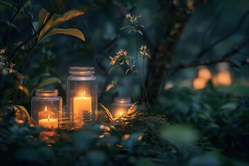 A group of candles in glass jars are lit in a forest setting