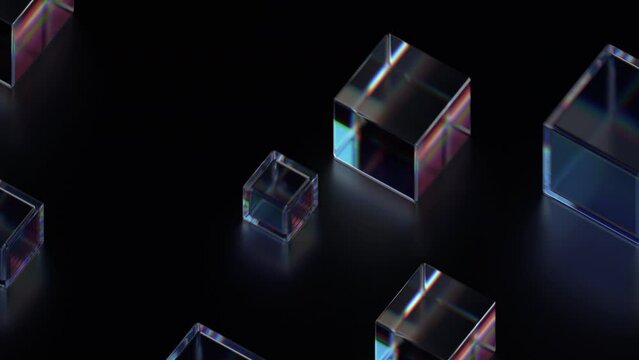 Abstract 3d render, geometric background with glass cubes, 4k seamless looped animation