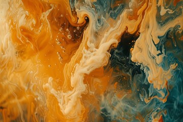 A harmonious blend of vibrant orange and calming blue swirls together in a fluid-like dance - obrazy, fototapety, plakaty
