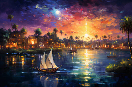 Abstract oil painting of city landscape on the river with sailboats at night wall painting