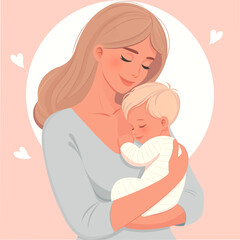 Cute illustration of mom and baby. A mother holds her child in her arms.