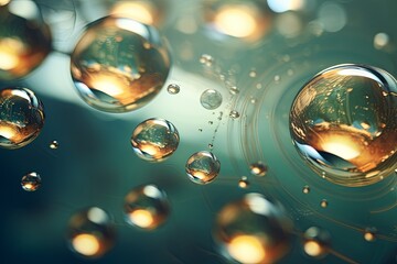 A close-up view showing a multitude of water bubbles resting on a glossy surface, illuminated by diffused lighting