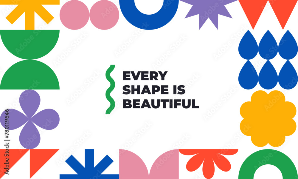 Poster Abstract Frame with Colorful Geometric Shapes. Vector Border with Abstract Geometric Graphic. Modern Poster with Stars, Flowers and Doodle Shapes