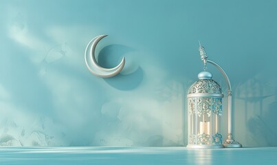 Islamic background with ramadan lantern and crescent moon., greeting card ramadan kareem, mawlid, isra miraj, eid al fitr ,adha