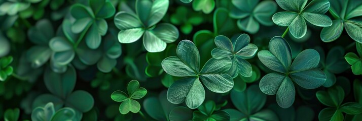 3D rendering of green shamrock leaves background. St Patrick's Day celebration concept with abstract geometric shapes, Banner Image For Website, Background - obrazy, fototapety, plakaty