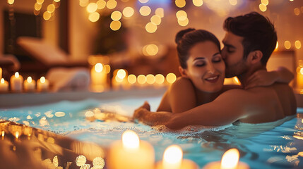 maquete personalizada de promoção de spa romântico do dia dos namorados, casal desfocado no fundo - obrazy, fototapety, plakaty