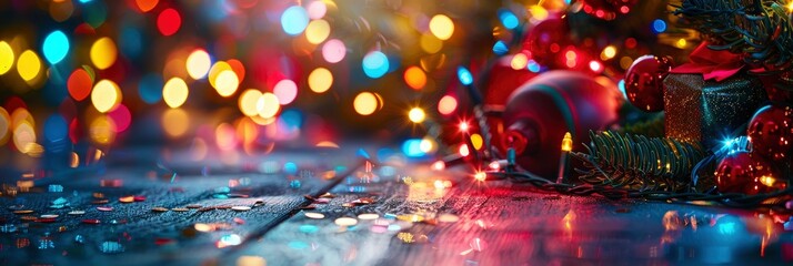 A blurred background of Christmas lights and gifts creates an abstract bokeh effect. The focus is on the colorful light spots with space for text or design elements, Banner Image For Website
