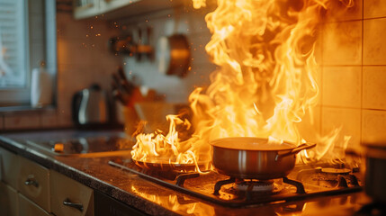 the kitchen is on fire. fire on the stove.