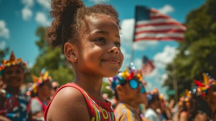 Happy child at 4th of July parade, patriotic joy, American flag in background, holiday spirit, festive crowd, sunny celebration, national pride