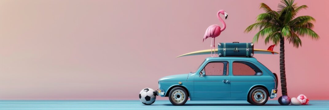 A blue car with two suitcases on the roof and surfboards underneath, a pink flamingo in front with a soccer ball nearby, a palm tree next to it, Banner Image For Website, Background