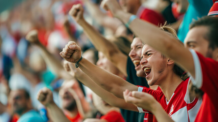 Happy fans cheering at stadium. Group of excited young sport enthusiasts supporting their favourite...