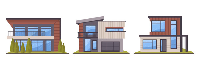 Modern villas architecture. Modern suburban residential buildings, real estate contemporary urban houses flat vector illustration set. Comfortable houses