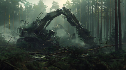 
A devastating scene in the forest as a large machine with mechanical arms and blades tears through the trees, leaving destruction and devastation in its wake - obrazy, fototapety, plakaty
