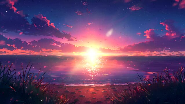 beautiful sunset over water with purple and pink sky. Seamless looping 4k time-lapse video animation background 
