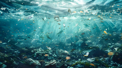 Naklejka na ściany i meble Photorealistic Ocean Scene with Marine Life and Trash