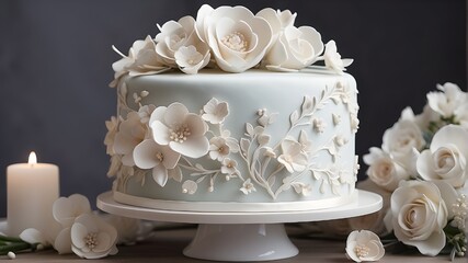 An elegant white wedding cake embellished with delicate fondant flowers 