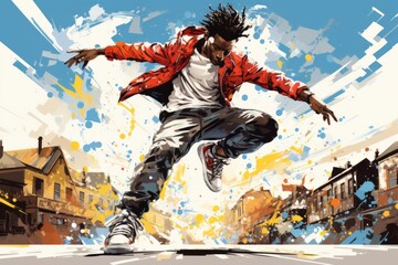 A man in a red jacket is skillfully performing a trick on a skateboard in a graffiti-covered urban setting. He is showcasing his freestyle street dance session with impressive agility and control - obrazy, fototapety, plakaty