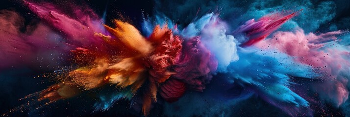 Fototapeta na wymiar Abstract colorful powder explosion on dark background, Banner Image For Website, Background