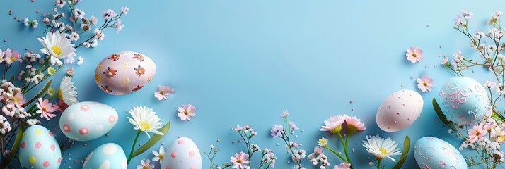 Blue background with Easter eggs and flowers on the left side, right blank space for text. Top view of insanely detailed Easter eggs and flowers, Banner Image For Website, Background