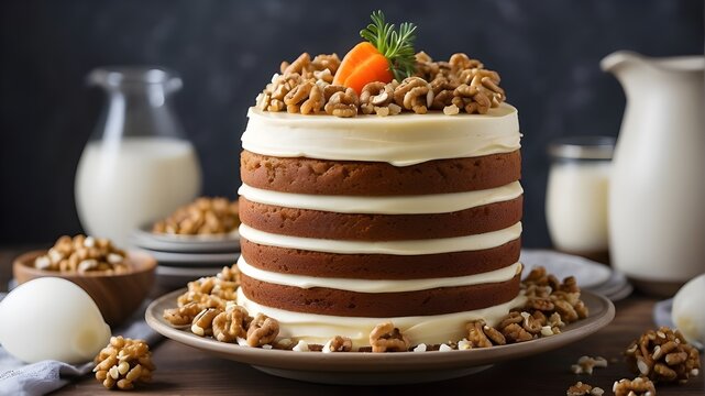 A classic carrot cake topped with smooth cream cheese frosting and chopped walnuts