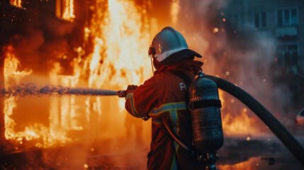 Obraz premium Fireman holding a hose spread water to extinguish the fire from the house.