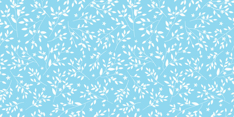 Seamless pattern with branches, leaves and flowers. Delicate spring abstract plant print. Vector graphics.