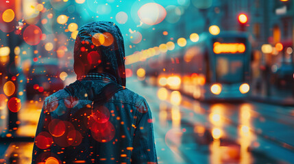 A person is walking down a street in the rain, with a bus in the background. AI. - obrazy, fototapety, plakaty