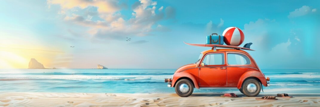 Car with luggage and beach ball on top, surfboard on roof rack, summer vacation concept, copy space for text, bright sunny day at the sea, blue sky, summer mood, 3d rendering , Banner Image 