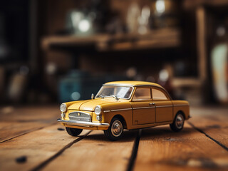 Wooden toy car atop a table evokes simplicity and nostalgia - obrazy, fototapety, plakaty