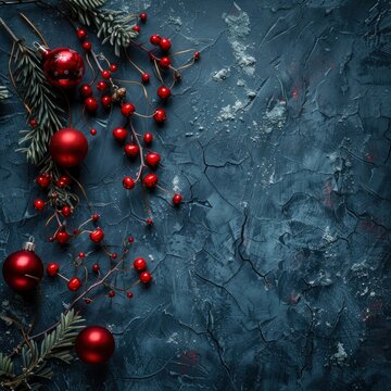 Christmas background with garland, red berries and toys on a dark blue textured surface, viewed from above, Banner Image For Website, Background