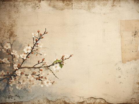 Antique-style sakura photo captures the beauty of blossoms on aged paper