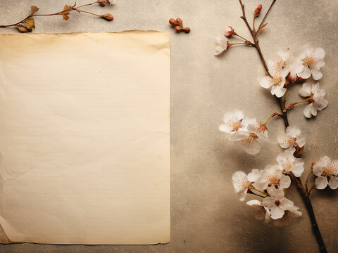 Antique-style photo featuring sakura flowers and leaves on old paper