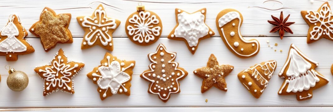 Christmas gingerbread cookies and Christmas decorations on a white wooden background with copy space, in a top view, Banner Image For Website, Background