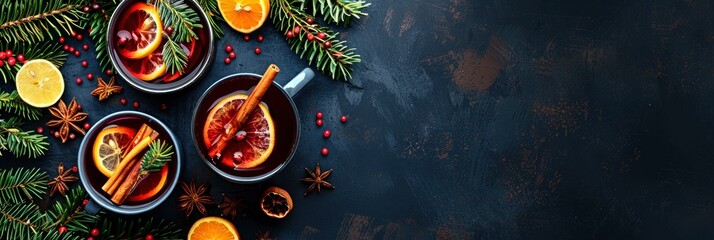 Christmas hot mulled wine with cinnamon, orange and lemon on dark background, top view. Flat lay, copy space for text or logo. Greeting card concept. New Year's atmosphere