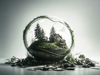 Isolated Utopia: Serene Miniature World in a Glass Sphere