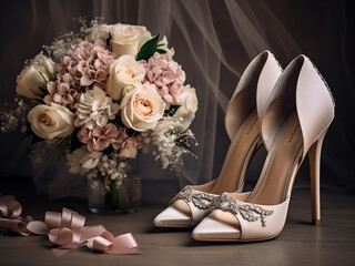 Bridal bouquet and women's shoes lie elegantly on the ground