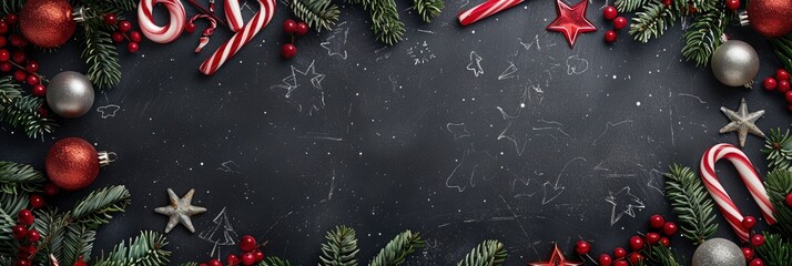 Christmas themed background with blackboard and stars, decorated for Christmas, candy cane decorations, evergreen branches and red ornaments on the bottom edge of photo, Banner Image For Website - obrazy, fototapety, plakaty