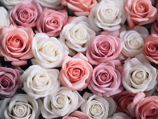 Artificial roses in white and pink create a floral vintage background