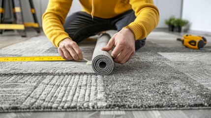 worker installing carpet tiles on the floor